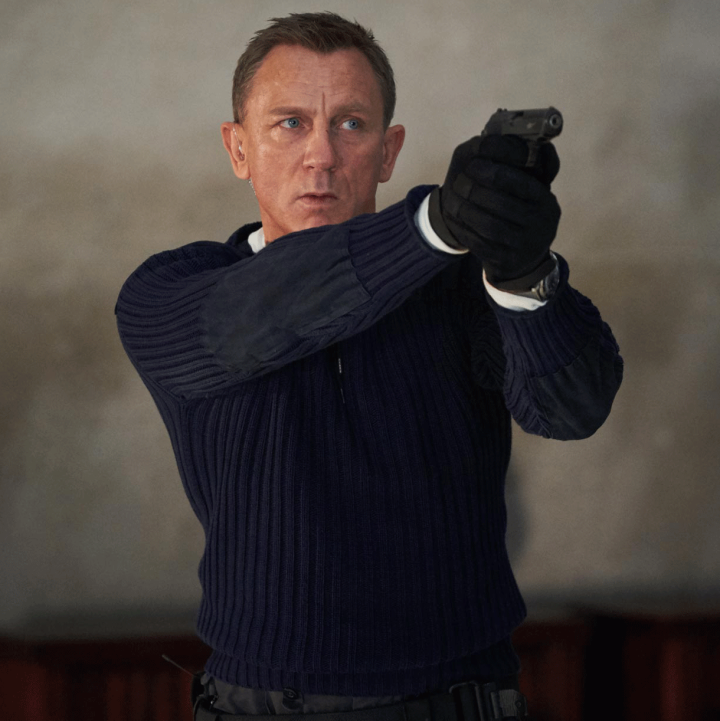 James Bond in navy commando sweater
